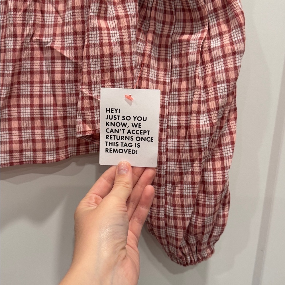 NWT Topshop Womens Off Shoulder Top Sz 4 Seersucker Elastic Wrist-Arm Plaid Pink - Picture 3 of 5